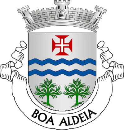 Escudo de prata, duas coticas ondadas de azul, postas em faixa, entre cruz da Ordem de Cristo em chefe e dois pinheiros arrancados de verde, em campanha. Coroa mural de prata de três torres. Listel branco, com a legenda a negro: «BOA ALDEIA». 