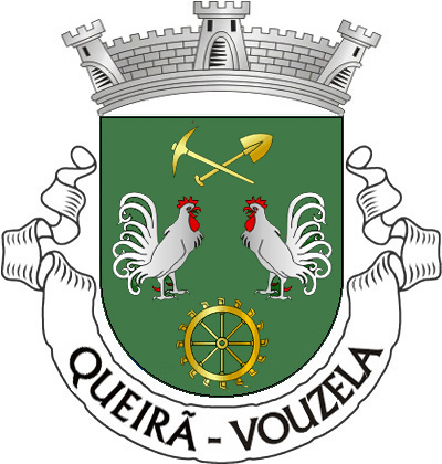 Escudo de verde, com dois galos de prata, cristados, barbaleados, bicados e armados de vermelho, postos em cortesia; em chefe, uma picareta e uma pá de ouro, com os cabos passados em aspa; em ponta, roda de moínho de ouro, realçada de negro. Coroa mural de prata de três torres. Listel branco, com a legenda a negro: «QUEIRÃ - VOUZELA». 