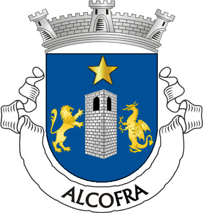 Escudo de azul, uma torre de prata entre um leão  batalhante à dextra e um dragão à sinistra, afrontados, de  ouro; em chefe, estrela de ouro. Coroa mural de prata de  três torres. Listel branco, com a legenda a negro:  «ALCOFRA». 