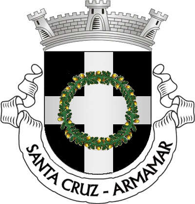 Escudo negro, cruz firmada de prata, tendo brocante uma capela de carvalho, de verde, ladada de ouro. Coroa mural de prata de três torres. Listel branco, com a seguinte legenda a negro: «Santa Cruz ? Armamar». 