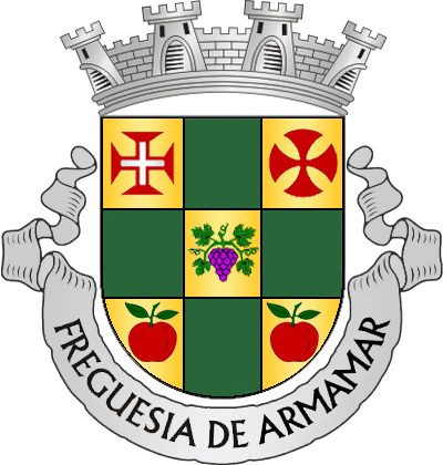 Escudo equipolado de ouro e verde, com os pontos de ouro carregados de cruz de Cristo, cruz orbicular templária de vermelho, cacho de uvas de púrpura folhado de verde, maçã de vermelho folhada de verde e maçã de vermelho folhada de verde. Coroa mural de prata de quatro torres. Listel de prata com legenda em letras a negro maiúsculas "Freguesia de Armamar".