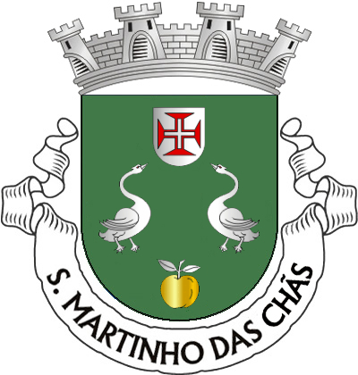 Escudo de verde, dois gansos de prata, animados de vermelho, realçados de negro e afrontados; em chefe, escudete de prata, carregado com a cruz da Ordem de Cristo e, em ponta, uma maçã de ouro, folhada de prata. Coroa mural de prata de quatro torres. Listel branco, com a legenda a negro: «S. MARTINHO das CHÃS». 