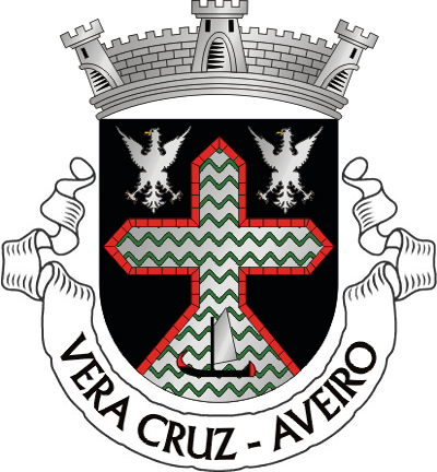 Escudo de negro, um canto encimado por uma cruz apontada, tudo de prata, filetado-ondeado de verde e contornado de empedrado de vermelho, acompanhado em chefe de duas águias estendidas de prata, armadas e bicadas de ouro; brocante sobre o canto, um barco moliceiro de negro, realçado de vermelho e enfunado de prata. Coroa mural de prata de três torres. Listel branco, com a legenda a negro: "VERA CRUZ - AVEIRO". 