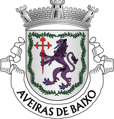 Escudo de prata, leão de púrpura, armado e lampassado de azul segurando nas mãos uma cruz da Ordem de São Tiago de vermelho, acompanhado de dois ramos de silva de verde, postos em orla, com os pés passados em aspa em ponta. Coroa mural de três torres de prata. Listel branco, com a legenda a negro: «AVEIRAS DE BAIXO».