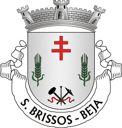 Escudo de prata, com duas espigas de trigo de verde, postas em pala e alinhadas em faixa; em chefe, cruz de vermelho; em campanha, maço, picareta e cinzel, tudo de negro, os primeiros passados em aspa e o último em pala, atados de vermelho. Coroa mural de prata de três torres. Listel branco, com a legenda a negro: "S. BRISSOS - BEJA". 