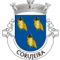 Escudo de azul, três corujas de ouro, realçadas de negro. Coroa mural de prata de três torres. Listel branco, com a legenda a negro: «CORUJEIRA». 