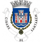 Escudo de azul, com um castelo de prata aberto e iluminado de vermelho, tendo a torre central carregada pelas quinas antigas de Portugal. Coroa mural de prata de cinco torres. Escudo cercado pelo colar da Ordem de Torre e Espada. Listel branco com a legenda a negro : " CIDADE DE SANTARÉM ".