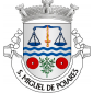 Escudo de prata, duas faixetas ondeadas de azul, acompanhadas em chefe de uma balança de dois pratos, de azul, carregada de uma espada de S. Miguel, de ouro, debruada de vermelho e em ponta de um ramo de oliveira de verde, entre duas mós de moinho de vermelho. Coroa mural de prata de três torres. Listel branco, com a legenda a negro, em maiúsculas: "S. MIGUEL de POIARES".